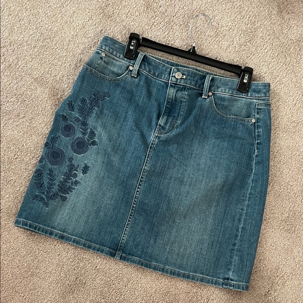 Talbots Denim Skirt with Blue Floral Embroidery